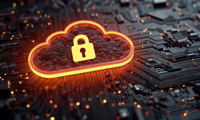 Poster - 
A digital illustration of cloud security with an orange padlock and red glowing data stream on a dark background,