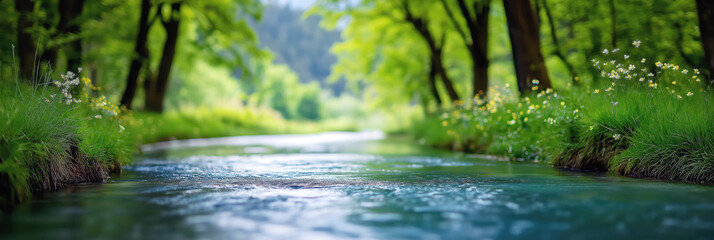 Wall Mural - river with clear water flows in forest in summer. Landscape panorama with nature