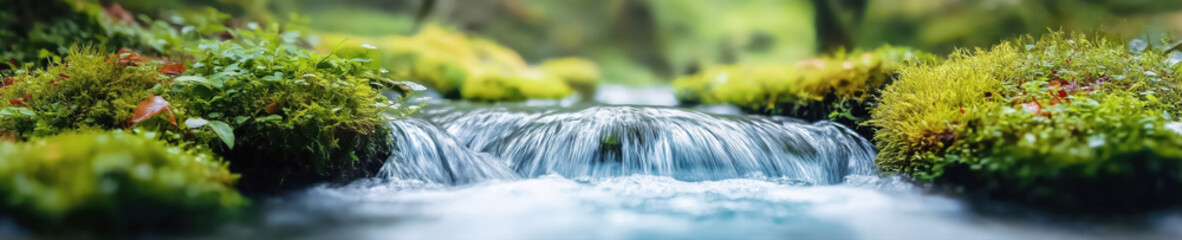 Wall Mural - stream with clear water flows in the forest in summer. Landscape panorama with nature