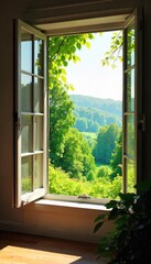 Wall Mural - A brightly lit, open window reveals a lush green summer landscape beyond, sunlight streaming through the glass panes Perfect for summer, nature, home, and travel themes , beautiful, calm, travel