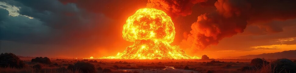 Wall Mural - a fiery explosion, a massive fireball engulfing the landscape, intense heat and destructive power de