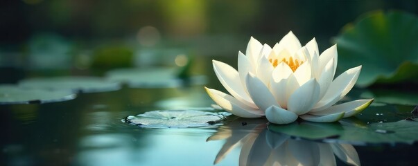 Wall Mural - A pristine white lotus flower emerges from calm, serene water, its petals unfurling in the soft sunlight The image evokes purity, peace, and natural beauty , light, water, delicate