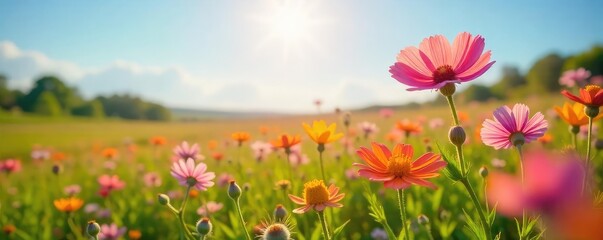 Wall Mural - A sun-drenched field of wildflowers swaying gently in the breeze, exhibiting vibrant colors and delicate petals; a scene of idyllic natural beauty , fauna, nature, bloom