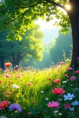 Wall Mural - A vibrant spring meadow bursting with wildflowers, sunshine dappling through leaves, a gentle breeze rustling through the grass; carefree, idyllic, and full of life , natural, countryside