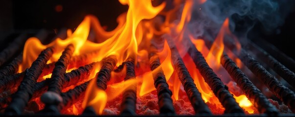 Wall Mural - close-up of vibrant, flickering flames engulfing grilling grates, intense heat radiating upwards per