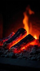 Wall Mural - Close-up shot of glowing embers in a dark fireplace, radiating warmth and a subtle orange glow Perfect for concepts of comfort, coziness, and residual energy , embers, ashes, intensity
