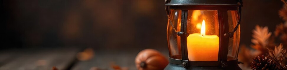 Wall Mural - Close-up shot of flickering candle flames in a rustic metal lantern, casting warm, inviting light  Perfect for autumn, winter, or cozy home decor themes ,  heat,  candlelight,  autumn