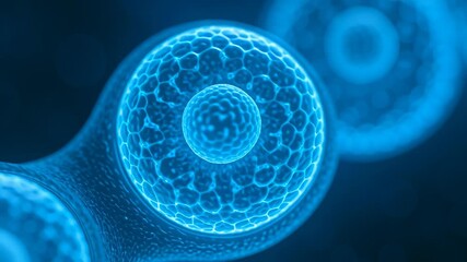 Poster - Stem cell therapy lab. Glowing blue cellular structure with detailed microscopic biology showing cell division nuclei membranes in science background