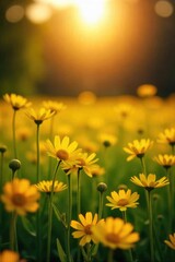 Wall Mural - Golden hour sunlight bathes a field of vibrant yellow wildflowers, creating a breathtaking scene of nature's beauty  Perfect for spring, summer, and nature themes ,  ecology,  natural,  happy
