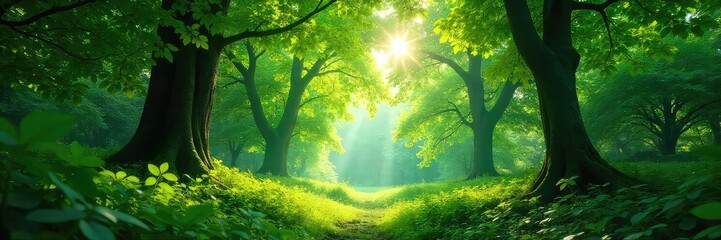 Wall Mural - Lush green forest canopy, dappled sunlight filtering through leaves, creating a magical, serene atmosphere Perfect for nature, travel, and environmental themes , environment, tranquil, leaves