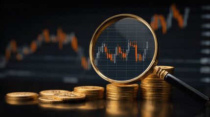 Poster - Magnifying glass focusing on financial chart with coins, symbolizing investment analysis and market trends, evoking curiosity and insight