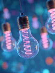 Poster - Floating Neon Light Bulbs Illuminate a Bright Space With One Glowing Prominently in the Foreground