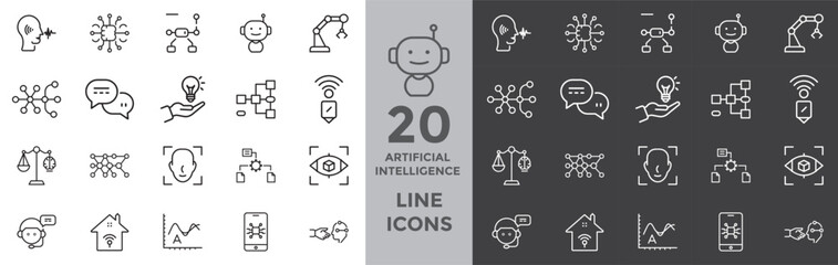Artificial intelligence line icons for modern technology and innovation applications, offering a clean professional look for presentations and websites
