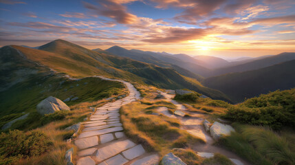 Wall Mural - Beautiful panorama landscape with a view of trekking path in the mountains at sunset in summer