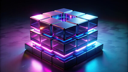 Poster - Abstract Glowing Cube Structure: Modern Technology Concept with Neon Lights, Geometric Design, and Futuristic Elements for Tech and Innovation Visuals