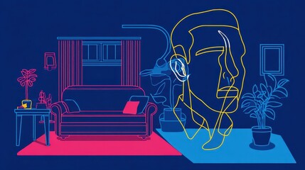 Poster - Interior scene with a sofa and a person's head, outlined in neon colors.