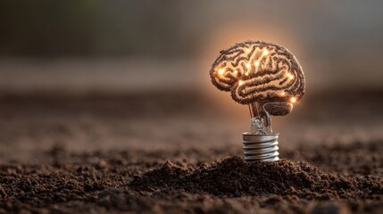 Poster - Light Bulb Shaped Like a Brain Sprouts From Soil in Warm, Open Setting Symbolizing Creativity and Growth