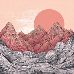 Poster - A landscape drawing of mountains under a sunset.