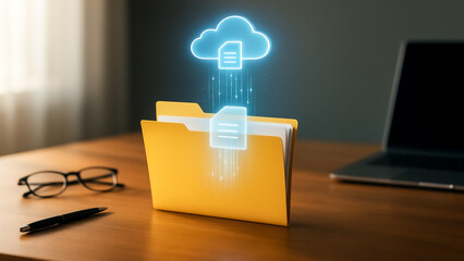 Poster - Digital Cloud Connection: An illuminated digital cloud hovering above an open folder with files symbolizing the seamless transfer of information, set against a clean and organized workspace.