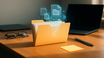 Poster - Digital Information Storage: A digitally enhanced scene showing a file folder brimming with essential documents.