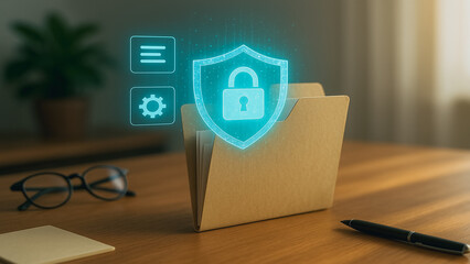 Poster - Secure File Management: Digital padlock hovers above an open file folder, with icons of settings and document, resting on a wooden desk.