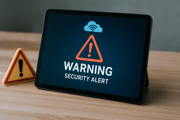 Poster - Cybersecurity Warning on a Tablet: An eye-level perspective on a digital tablet displaying a security alert and a warning sign, symbolizing data protection concerns and cybersecurity threats.