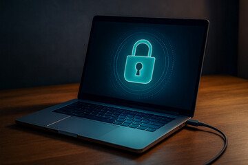Poster - Data Security with a Glow: A laptop glows, its screen displaying a secure padlock symbol, subtly highlighting the digital realm's protective shield.