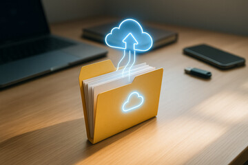 Poster - Cloud Upload Concept: A vibrant digital concept showcases data files being seamlessly uploaded to a cloud server, visualized with a glowing cloud icon rising above a document folder on a wooden desk.
