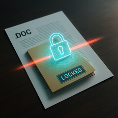 Poster - Secure Document: A digital document, symbolized by a .doc file, is securely locked. A glowing lock icon and laser effect highlight the document's protected status.