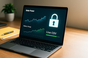 Poster - Secured Solar Data: The laptop screen showcases a data visualization interface, displaying crucial metrics about solar power and battery charge levels.