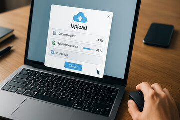 Poster - Digital Upload: A laptop screen showcases a progress bar during a digital upload, highlighting technology's integral role in modern productivity.
