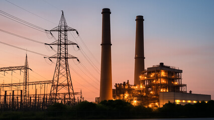 Poster - Industrial Powerhouse: A twilight vista unveils an industrial complex, dominated by imposing smokestacks, alongside a network of power lines, showcasing the infrastructure of energy production. 