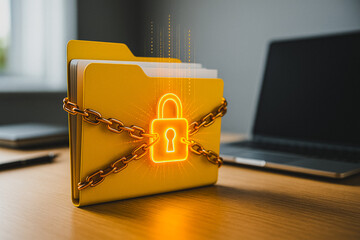 Poster - Data Fortress: A conceptual rendering of digital security with a file folder under lock and chain, evoking the ideas of confidentiality and digital safety.