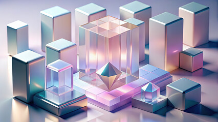 Poster - Abstract Geometric Composition with Crystal Shapes, Modern Design, Holographic Effect, Perfect for Backgrounds, Presentations and Creative Projects