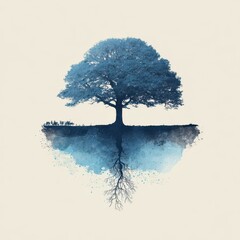 Poster - Floating tree with roots displayed in a muted blue tone.