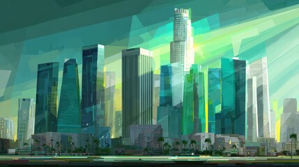 Poster - Colorful cityscape illustration of a modern metropolis.