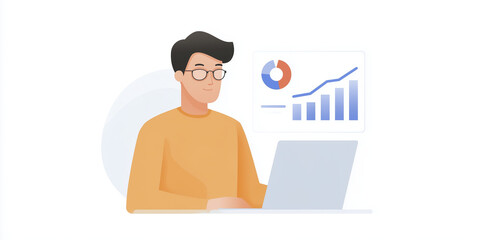 Poster - Young man with glasses working on a laptop, analyzing data with graphs and charts displayed on the screen, representing modern digital business analytics and productivity