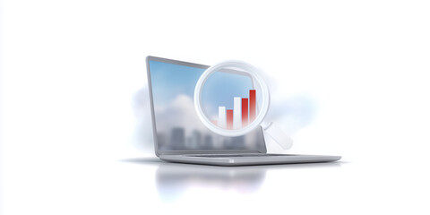 Poster - Laptop with magnifying glass focusing on rising bar graph, symbolizing data analysis and growth, set against a blurred cityscape background, representing business success and technology