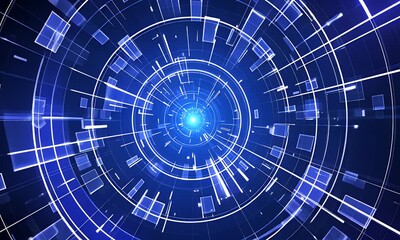 Poster - Abstract Blue Tunnel With Moving Light Beams And Digital Data Visualization Displaying Information In A Futuristic Digital Space Environment