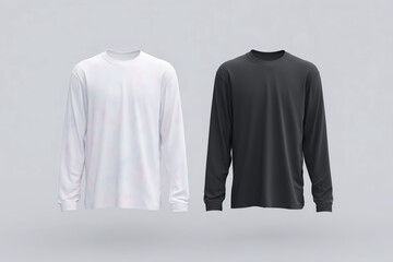 Poster - Long sleeve t-shirt mock up featuring a white shirt on the left and a black shirt on the right, set against a soft gray background, ideal for design presentations and apparel showcases