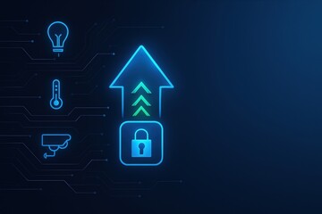 Poster - Smart home energy storage. Digital interface symbolizing security, innovation, and technology advancement with icons and arrows.
