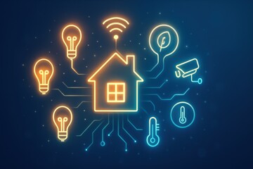 Poster - Smart home energy storage. Smart home technology with connected devices and sensors illustrated in a glowing design.