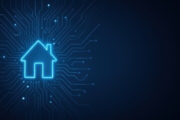 Poster - Smart home energy storage. Digital house icon with circuit lines on a dark background representing smart home technology.