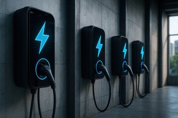 Poster - Smart home energy storage. Electric vehicle charging stations with illuminated lightning symbols on a wall.