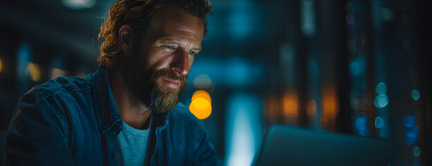 Poster - Man works on laptop in server room. Engineer focused on digital tech. Focused on database management. Modern tech scene. Work in data center. Uses laptop to solve problems with digital information.