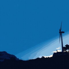 Poster - Silhouette of a wind turbine on a hilltop under a vibrant blue sky.