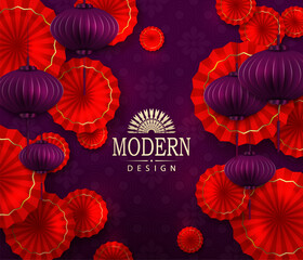Wall Mural - Chinese New Year. Exquisite purple illustration with red fans with a golden border.