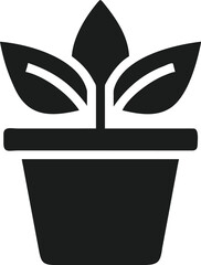 Poster - Minimalist black silhouette of a plant pot with leaves representing growth and nature on a white background.