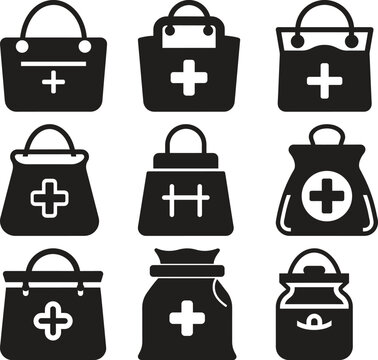 Simple Black and White Medical Bag Icons