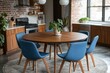 © Reema - Round wooden dining table with blue chairs, designed in Scandinavian mid-century style for a modern dining room, Generative AI